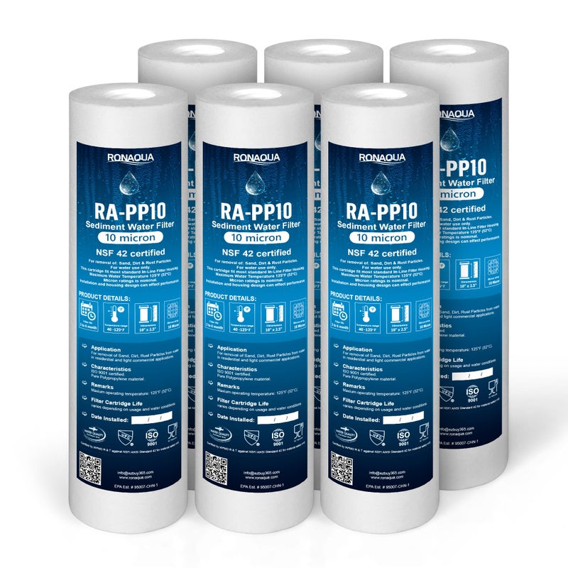 Ronaqua خرطوشة فلتر مياه روناكوا 10 ميكرون 10"x2.5"، معتمدة من NSF، 4 طبقات من الترشيح لأي وحدات RO بطول 10 بوصات وأنظمة المنزل بالكامل، متوافقة مع كوليجان P5، AP110، WHKF-GD05، عبوة 6 - Image 1